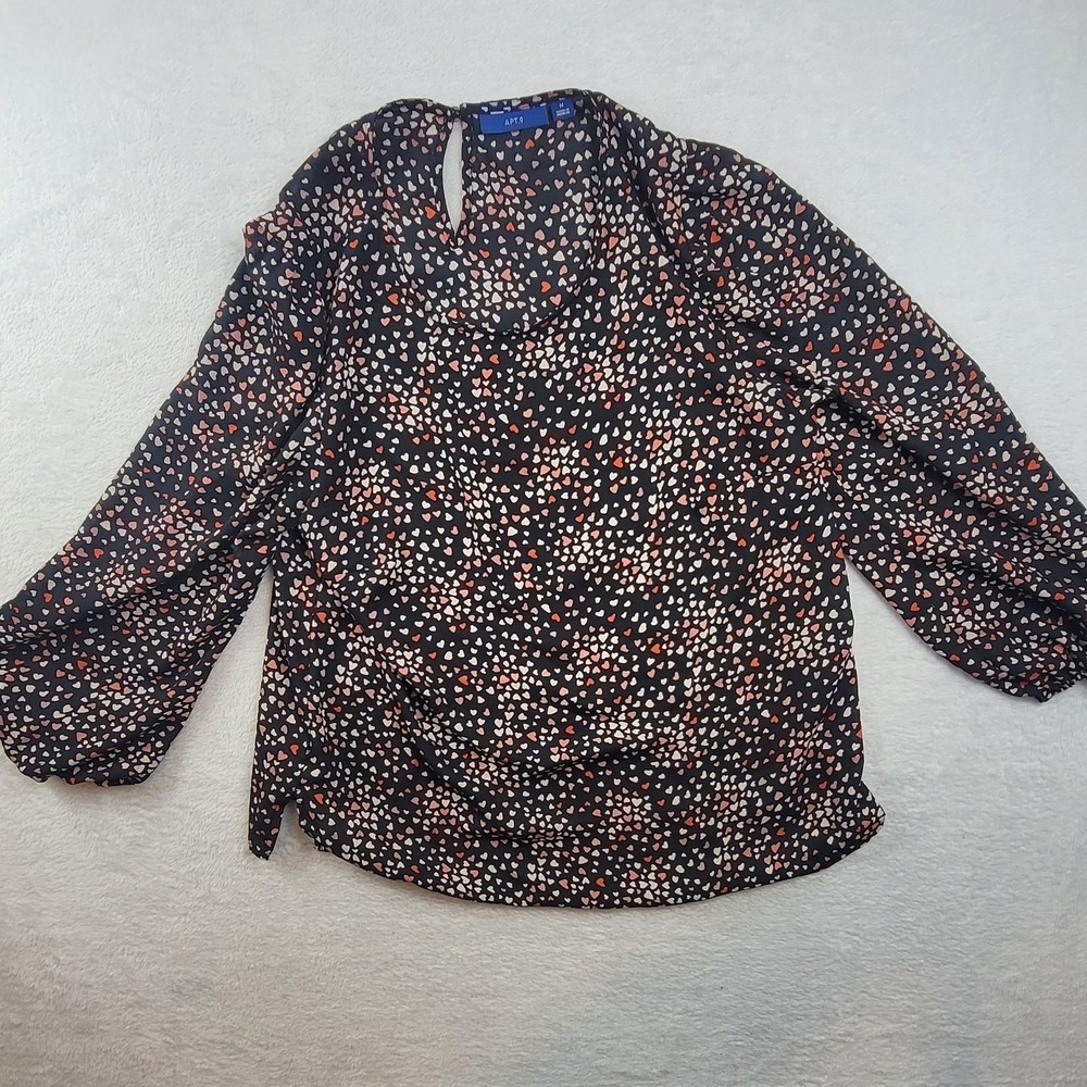 Apt. 9 Womens Heart Print Long Sleeve Blouse Black Pink Size M Keyhole Back